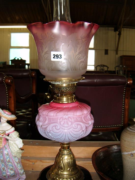 Victorian ruby glass and brass oil lamp